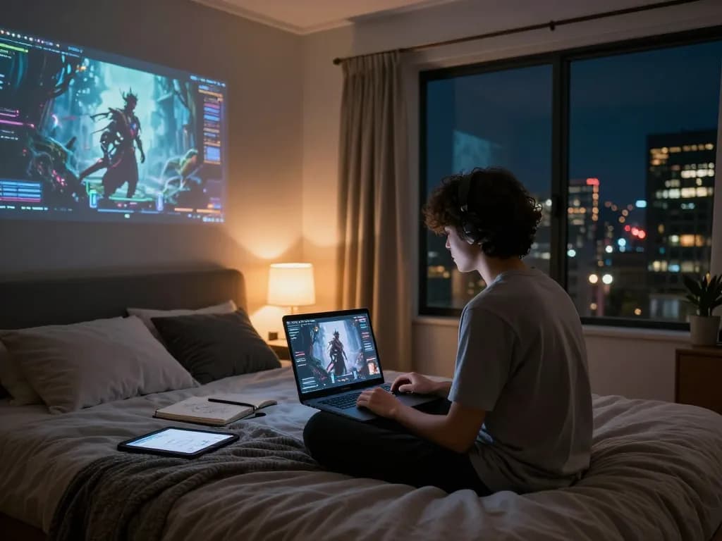 Engaging NSFW digital chat scene featuring a person connecting with fantasy characters in a cozy bedroom setting.
