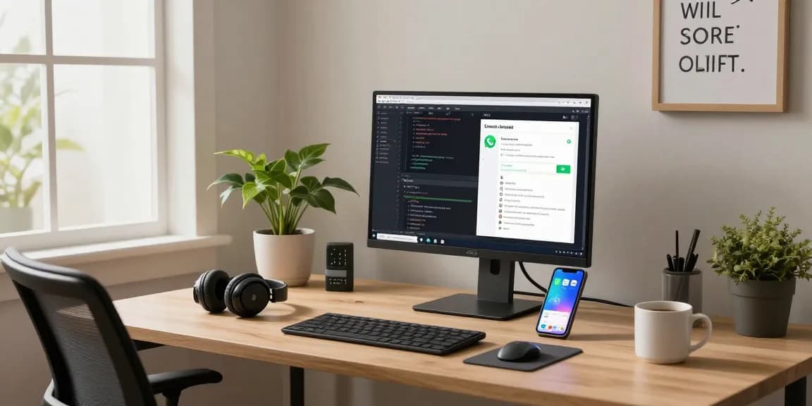 Engaging home office scene with WhatsApp電腦版 on the screen, showcasing productivity and modern workspace layout.