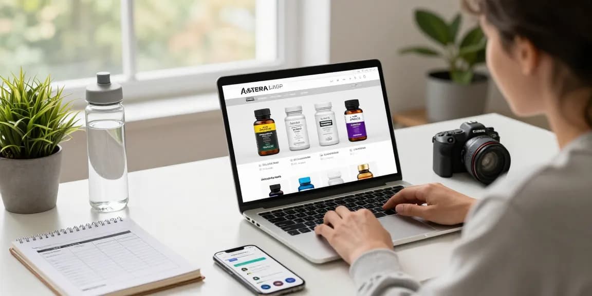 Shopping the Astera Shop for quality steroids in a modern home office scene, showcasing a vibrant and focused atmosphere.