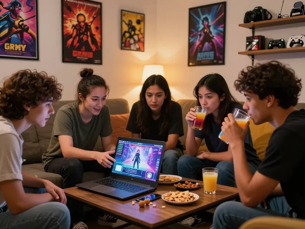 Engaging scene of friends playing sex games online in a cozy lounge, showcasing modern gaming vibes and camaraderie.