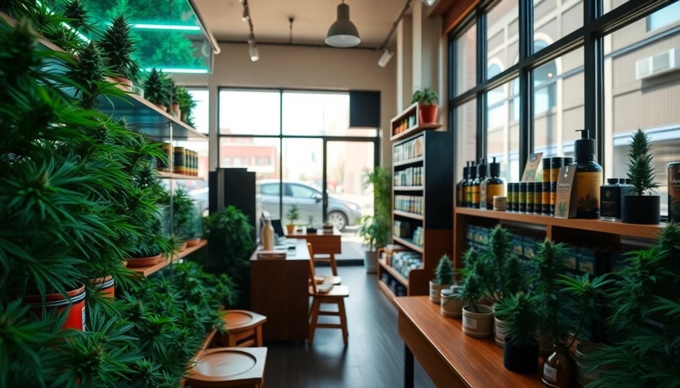 Explore sites to buy weed with vibrant cannabis products displayed in an inviting store atmosphere.