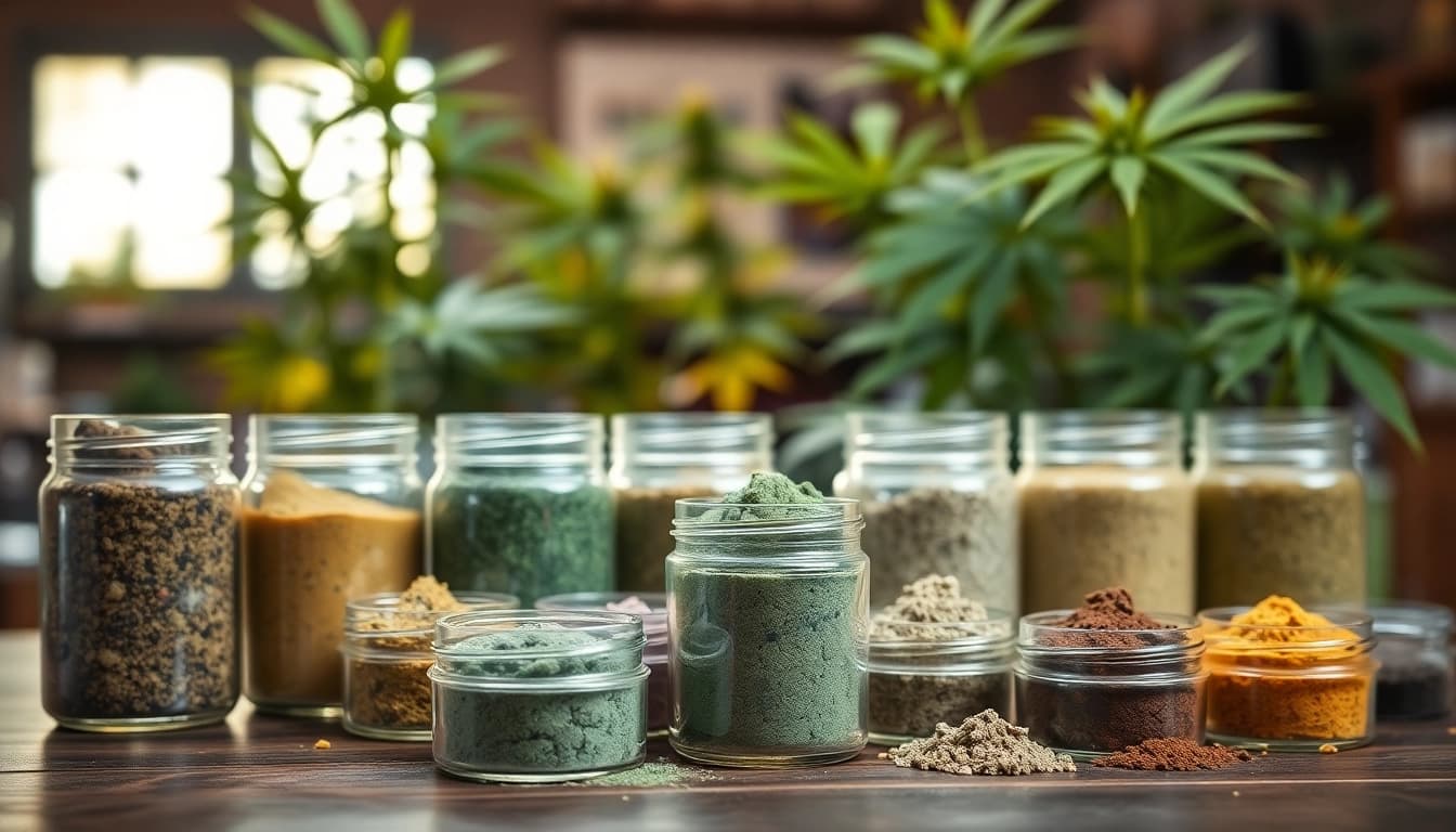 Discover vibrant jars of weed shake for sale, showcasing quality cannabis products amidst lush greenery.