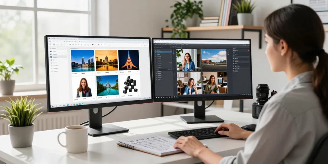 Free AI detector interface showcased on dual monitors in a modern tech workspace.