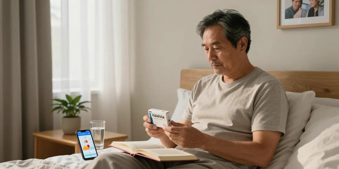 Man reflecting on his health while holding Vidalista in a cozy bedroom setting.