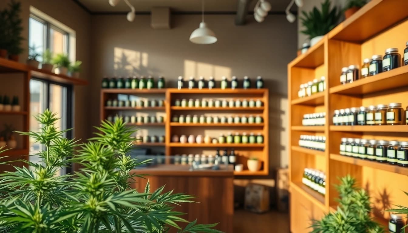 Shop from a pot shop online showcasing organized cannabis products in a warm, inviting space.