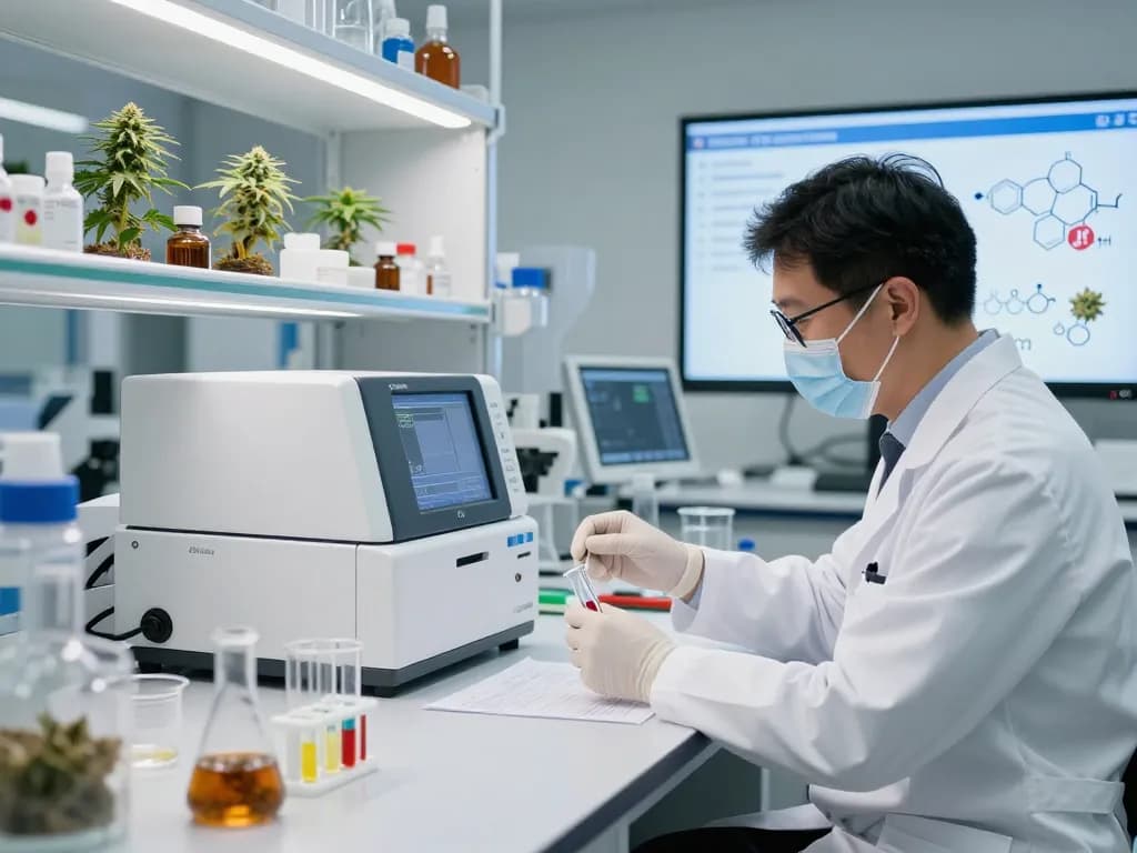 Cannabinoid manufacturer Europe analyzing extracts in a modern laboratory with advanced equipment and hemp formulas.