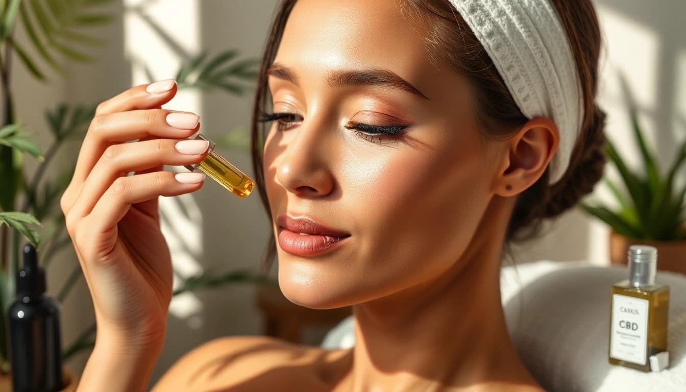 Model applies CBD oil for skin in a tranquil spa, highlighting rejuvenation and hydration.