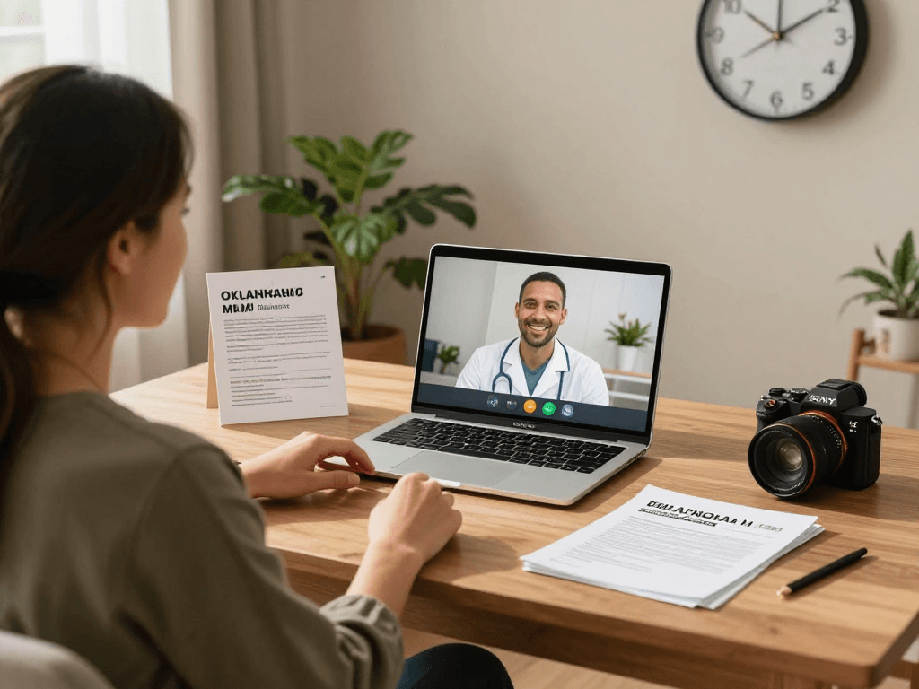 Oklahoma MMJ doctor conducting a telemedicine consultation with a patient in a cozy home office.