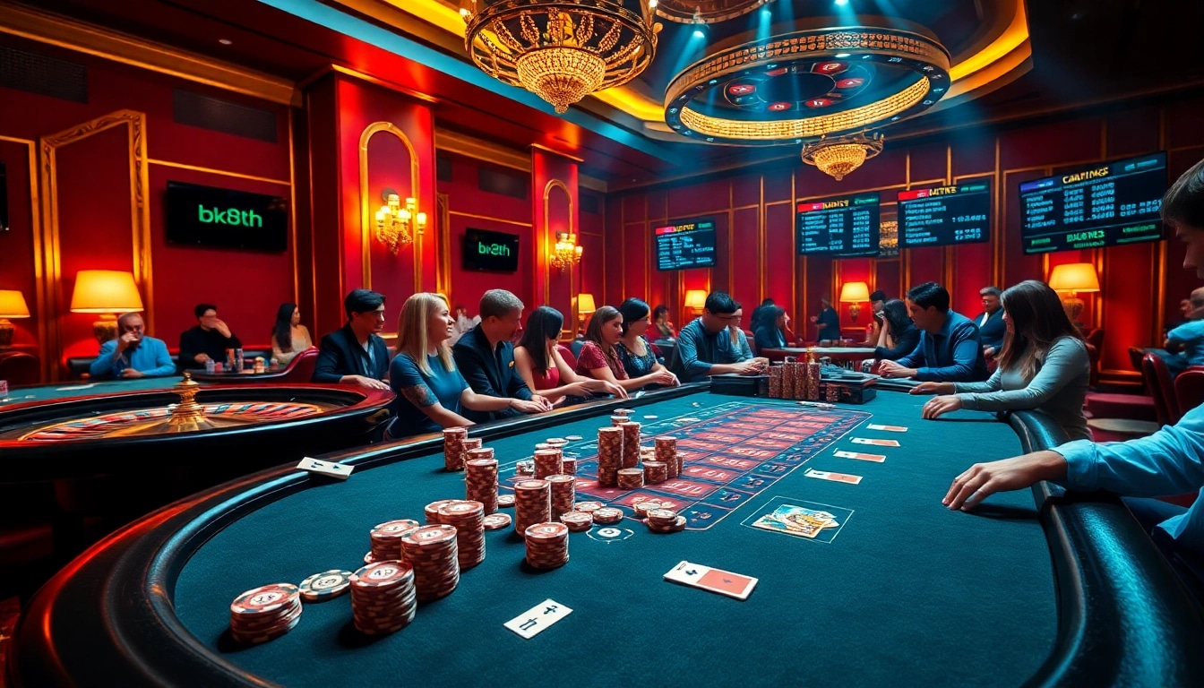 Playing poker at BK8th casino with vibrant chips and cards, showcasing excitement and luxury.