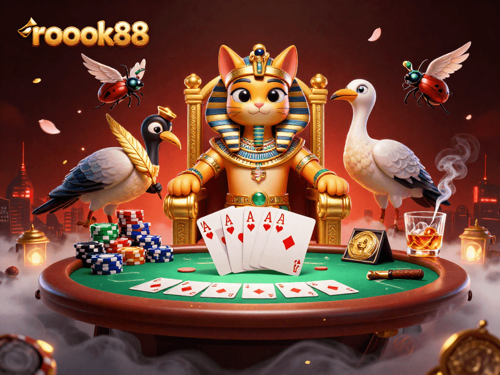 Experience high-stakes action with rokok88 at a vibrant poker table surrounded by royal characters.