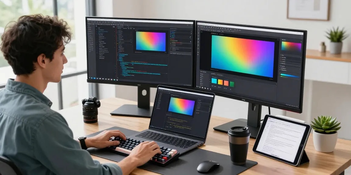 Developer utilizing Snipaste's 截图工具 in a modern workspace with dual monitors and creative design elements.