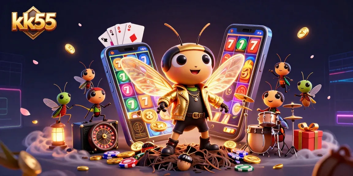 kk55 presents a vibrant 3D rock star scene celebrating online casino gaming excitement and fun.