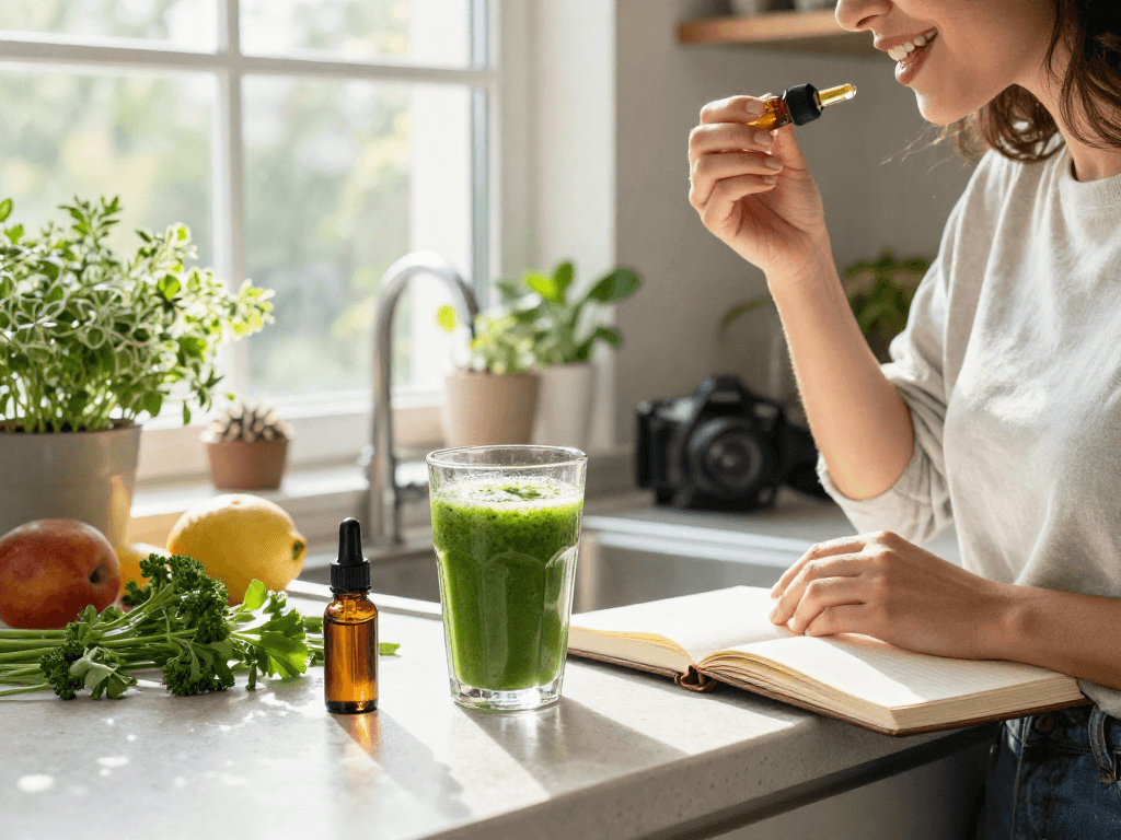 Online dispensary delivery of high-quality CBD oil and natural wellness products in a bright kitchen setting.
