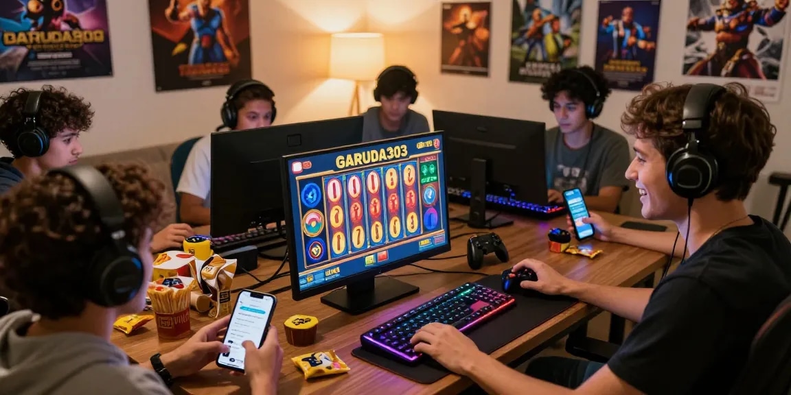 Engaged players exploring GARUDA303 slot games in a vibrant, cozy gaming environment, highlighting the excitement of online gaming.