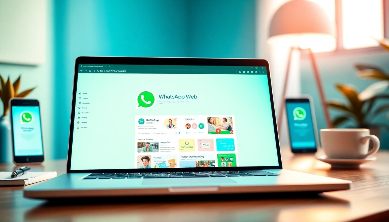 在现代笔记本上通过 WhatsApp Web 发现快连官网,象征无缝沟通与连接。