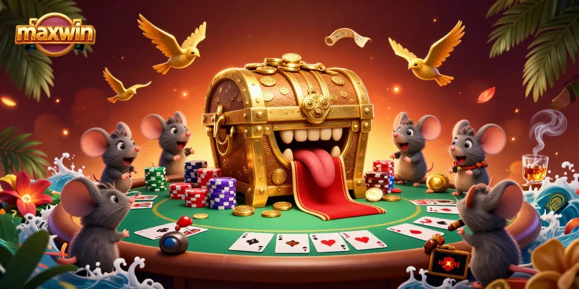 Spin to win at maxwin in a vibrant casino scene filled with treasures and poker excitement.