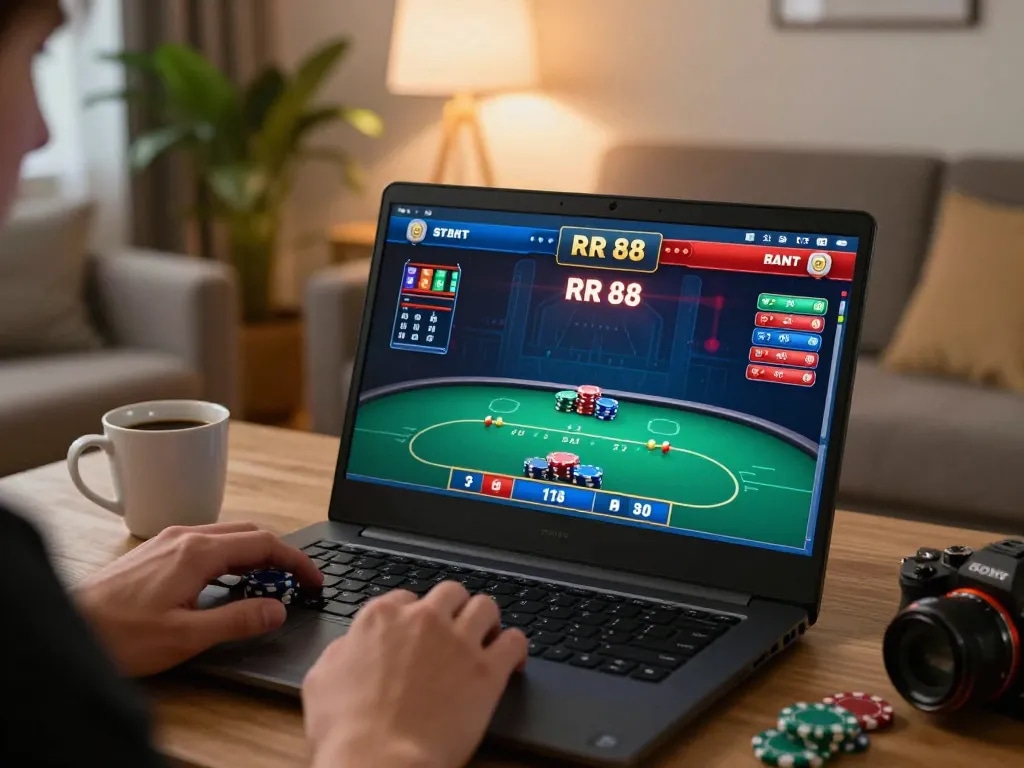 Engaging player using RR 88 online poker interface from cozy living room, emphasizing strategic gameplay.