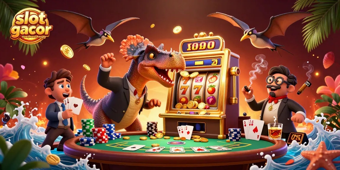 Slot gacor terpercaya menampilkan dinosaurus memukul mesin slot yang mengeluarkan koin jackpot.