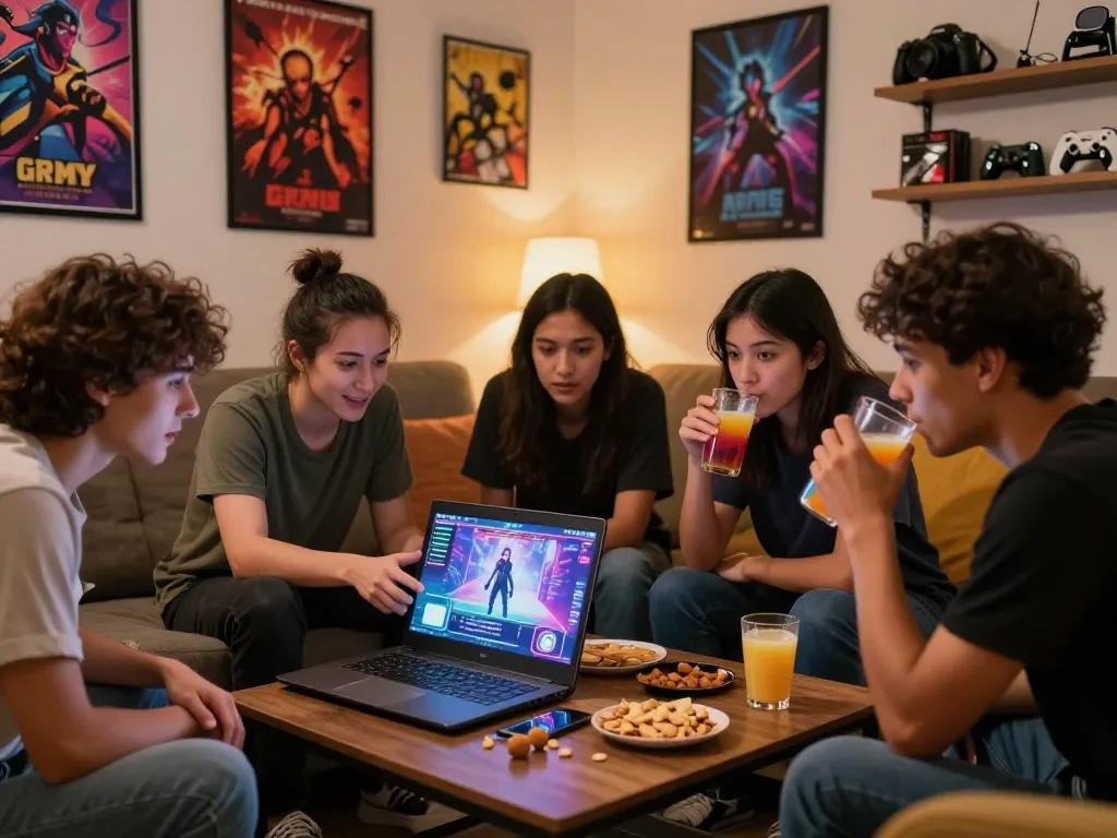 Engaging scene of friends playing sex games online in a cozy lounge, showcasing modern gaming vibes and camaraderie.