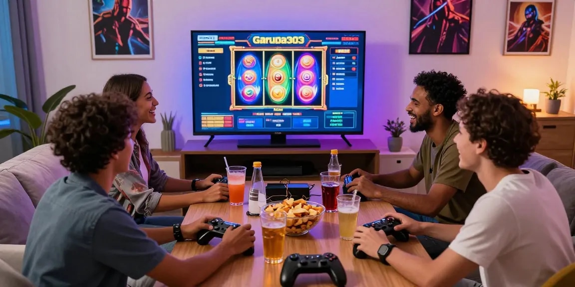 Exciting group gaming session featuring Garuda303 slot on screen, vibrant atmosphere, snacks, and friends enjoying online slots.