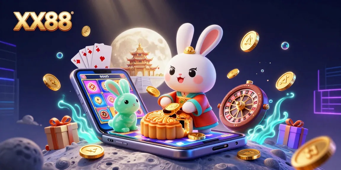 Experience the thrill with XX88 as a moon rabbit bursts open mooncakes revealing poker chips.