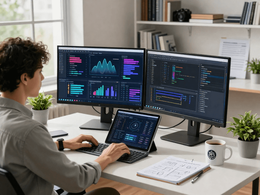 AI image detector in action at a modern tech workspace with dual monitors displaying analytics.