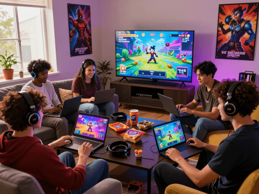 Group playing popular porngame online, vibrant atmosphere with devices and snacks