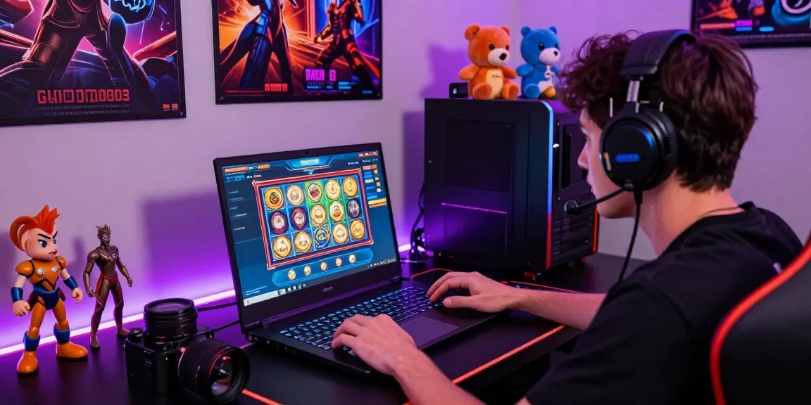 Engaging GARUDA303 slot gaming experience on a modern laptop surrounded by vibrant décor and gaming elements.