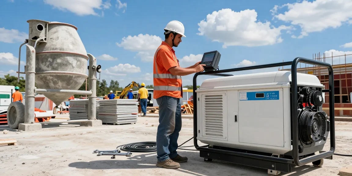 Diesel generator powering construction site with workers and machinery
