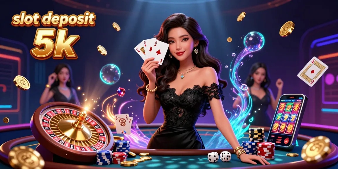 Experience slot deposit 5k with an elegant Asian woman holding playing cards and surrounded by vibrant casino elements.