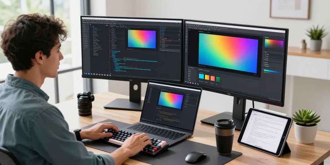 Developer utilizing Snipaste's 截图工具 in a modern workspace with dual monitors and creative design elements.