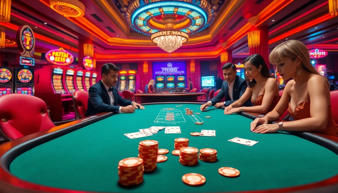 Poker players engaged in high-stakes action at a luxurious casino table with RR88 branding.