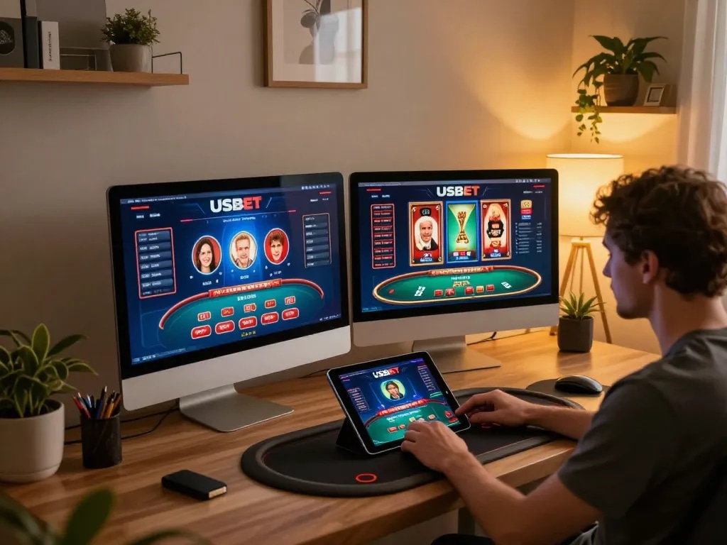 Person enjoying USBET online casino gaming on a tablet in a cozy home office