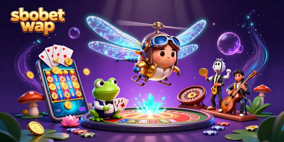 Experience sbobet wap with a dynamic 3D scene featuring a dragonfly pilot and casino games.
