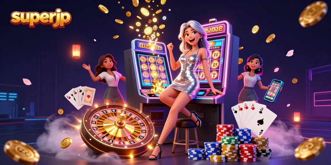 Win big with superjp at the casino, featuring a celebratory scene with jackpots and glowing casino elements.