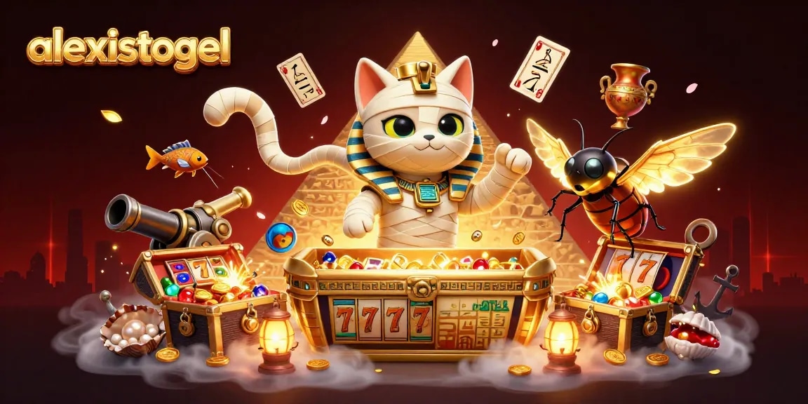 Gambarkan keseruan bermain slot di alexistogel dengan ilustrasi menarik kucing mumi dan kartu hieroglif.