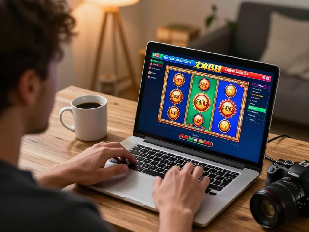 Player enjoying zx88 casino online gaming on laptop, showcasing vibrant slots and cozy atmosphere