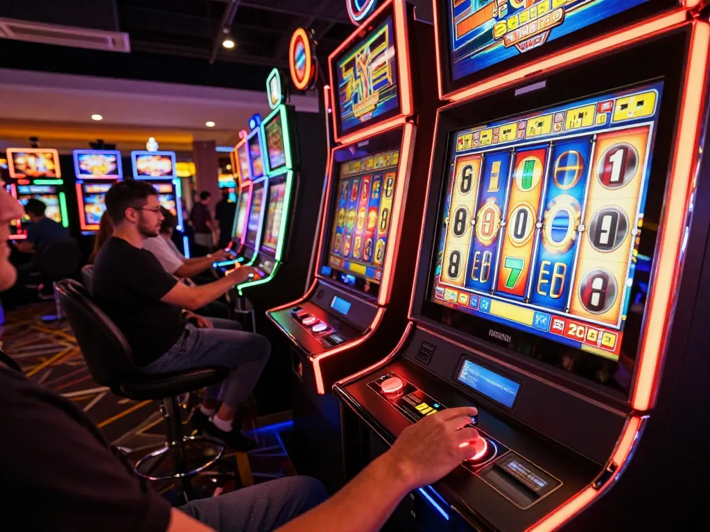 Engaged player experiencing slot gacor excitement with vibrant machines and bright jackpot lights in a lively casino.