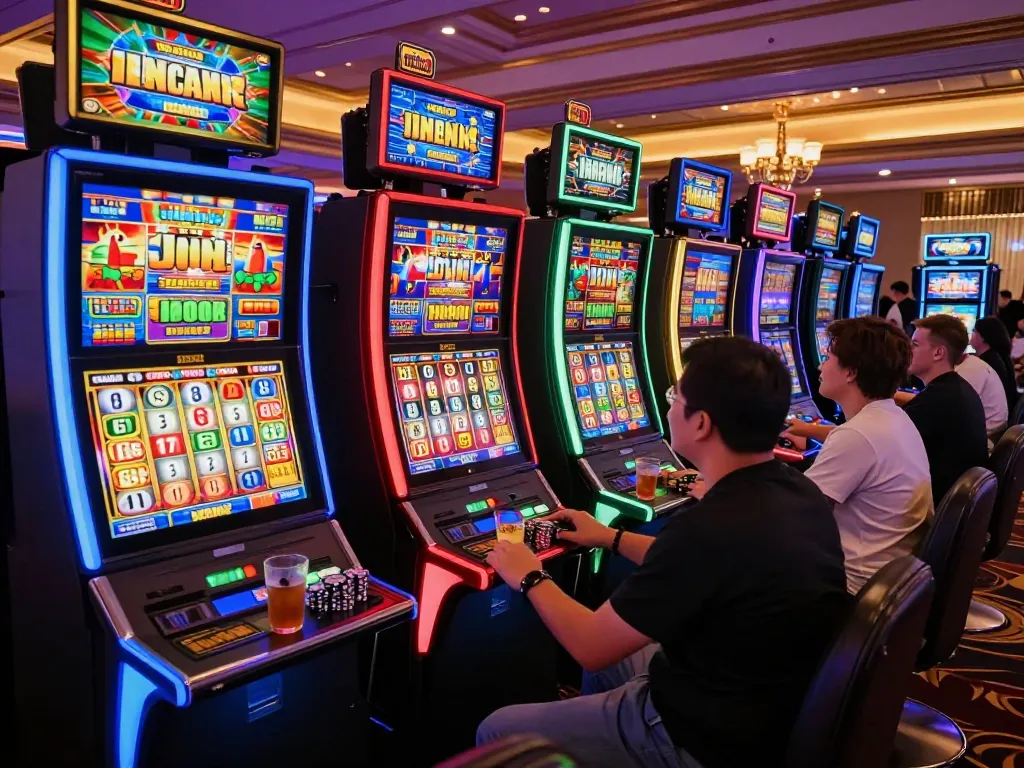 Players enjoying vibrant slot machines as they place a slot bet 100 at an exciting casino.