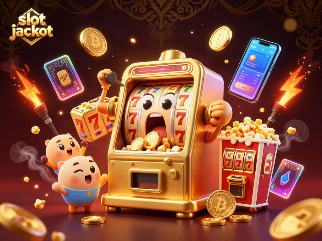 Experience the excitement of slot jackpot as cartoon golden machines celebrate a thrilling win!