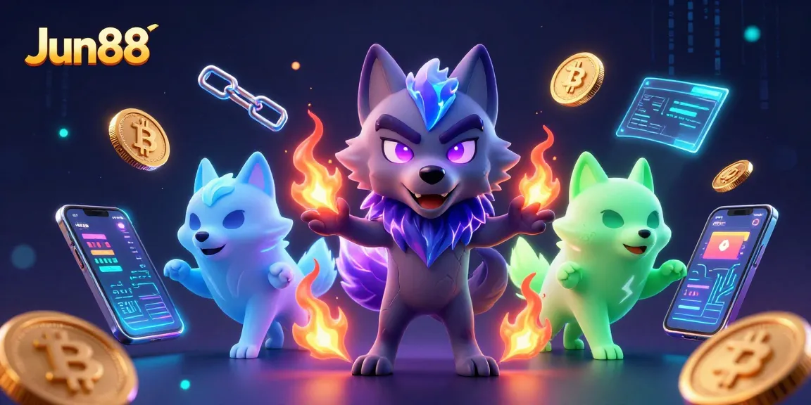 Join the excitement at Jun88, featuring vibrant 3D wolves and cryptocurrency, embodying the thrill of online gaming.
