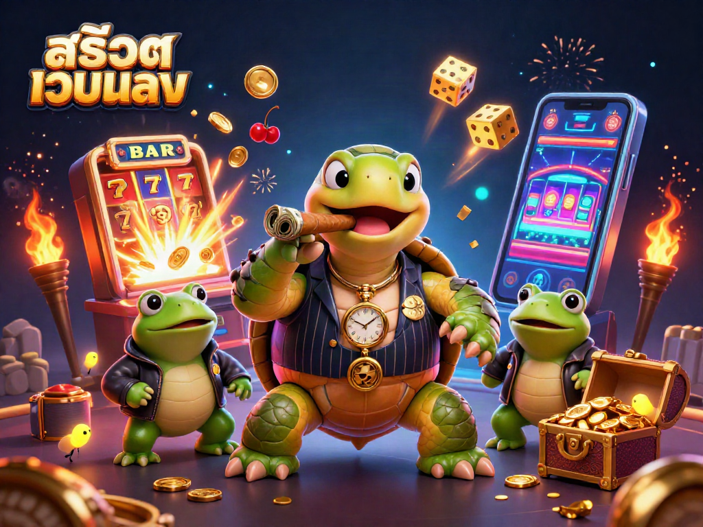 Experience thrilling moments at สล็อตเว็บตรง with our vibrant casino scene illustration featuring unique characters and symbols.