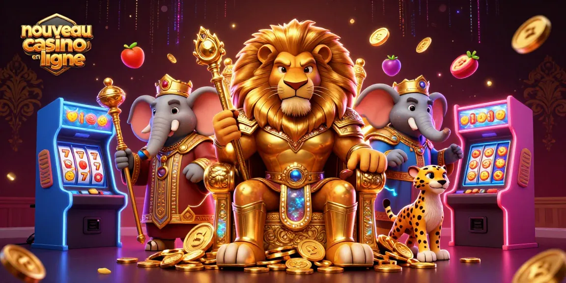 Plongée dans l'univers du nouveau casino en ligne avec un roi lion et des machines à sous colorées.