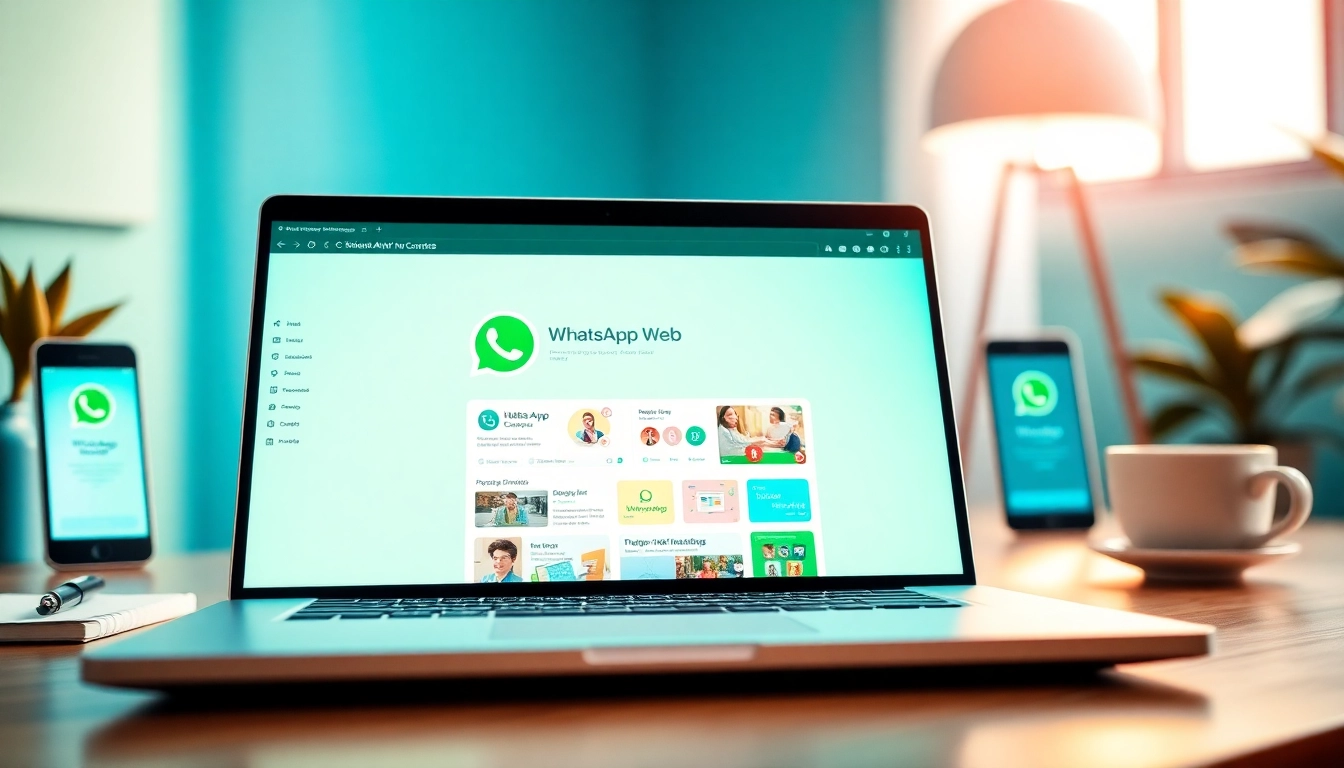 在现代笔记本上通过 WhatsApp Web 发现快连官网，象征无缝沟通与连接。
