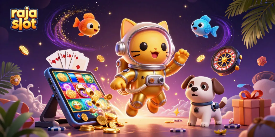 Raja slot menampilkan kucing astronot dan anjing robot berkolaborasi dengan kepingan jack pot emas.