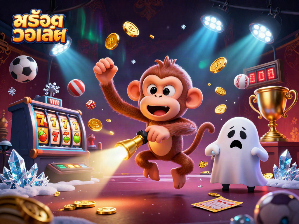 Experience thrilling wins with สล็อตวอเลท in this vibrant casino illustration, showcasing playful characters and dynamic gaming elements.
