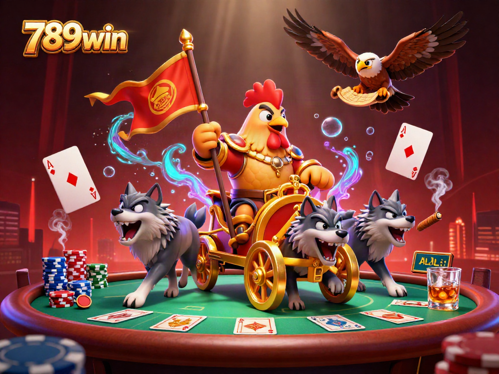 Engage in the excitement of 789win with a dynamic casino battle scene featuring a rooster warlord and poker elements.