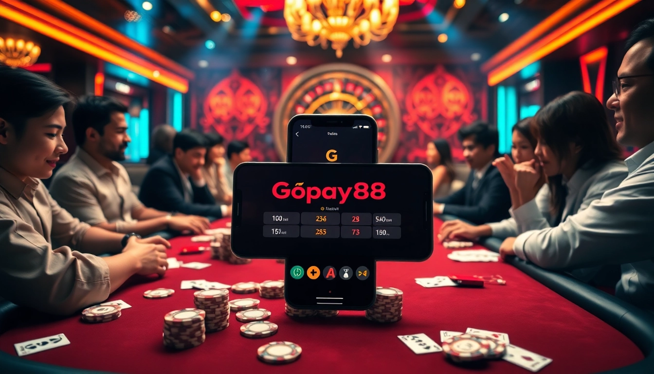 Players enjoying a high-stakes game at a casino table with Gopay88 app showcasing online gaming.