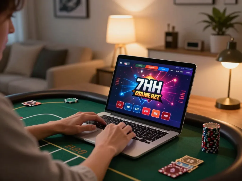 Engaging with the 7HH online casino while playing poker in a cozy home setup.