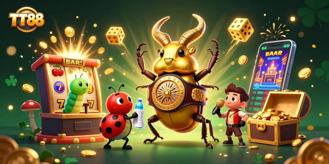 Experience TT88's thrilling jackpot wins with golden beetles and lively casino elements.